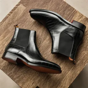 Black Croc Print Leather Seville Slip On Chelsea Boots