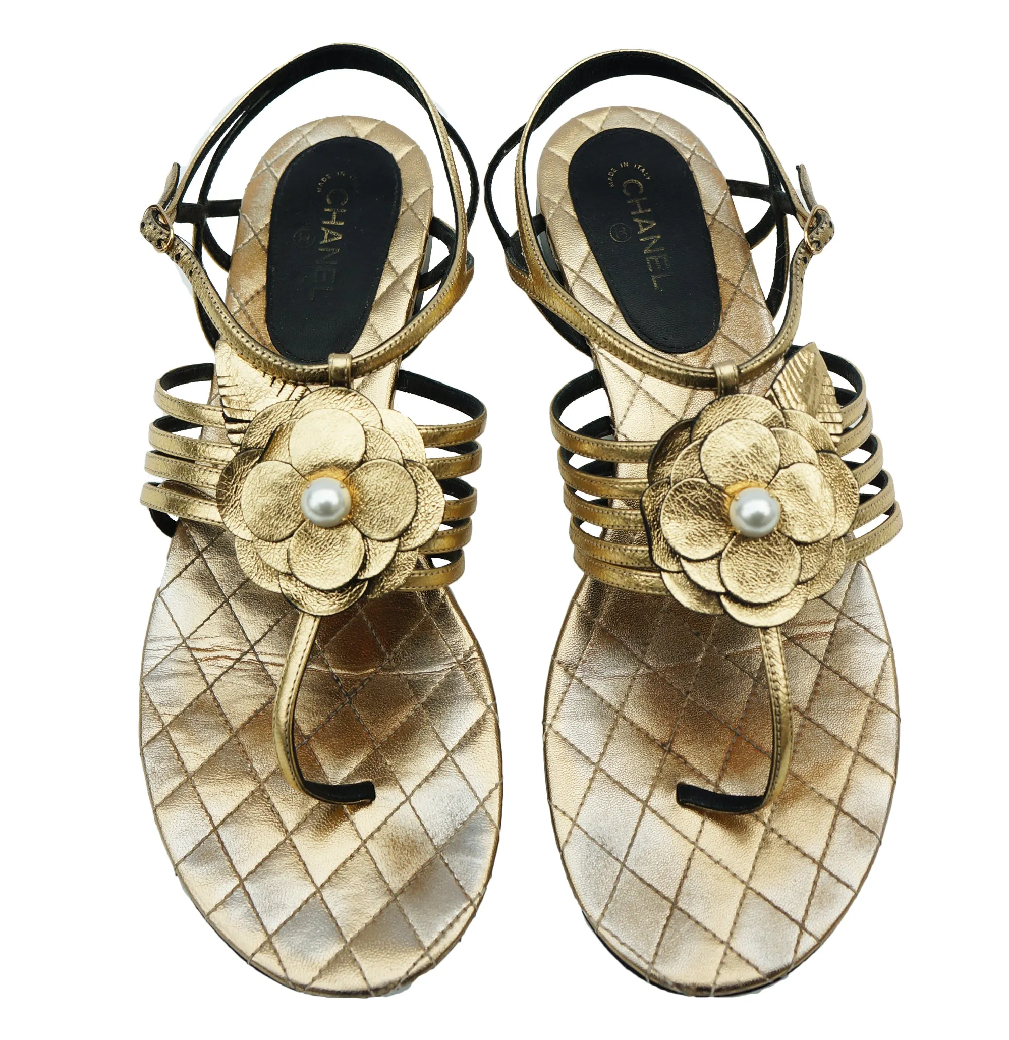 CHANEL 2016 CAMELLIA CC THONG LEATHER SANDALS