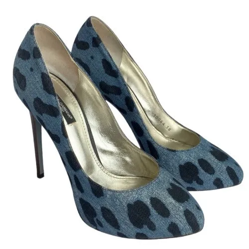 DOLCE & GABBANA Blue/Black Leopard Print Denim Wooden Heels Pumps, Size 38