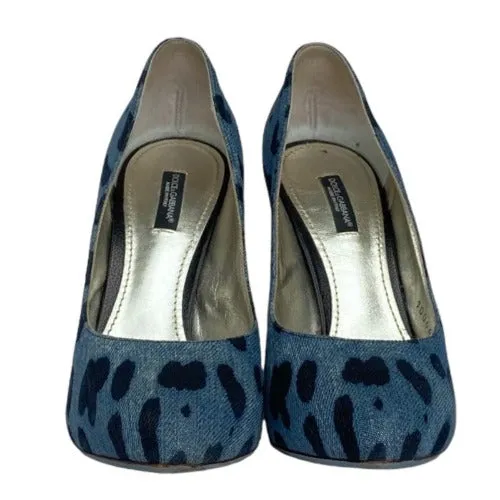 DOLCE & GABBANA Blue/Black Leopard Print Denim Wooden Heels Pumps, Size 38