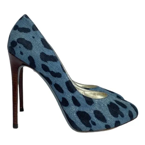DOLCE & GABBANA Blue/Black Leopard Print Denim Wooden Heels Pumps, Size 38