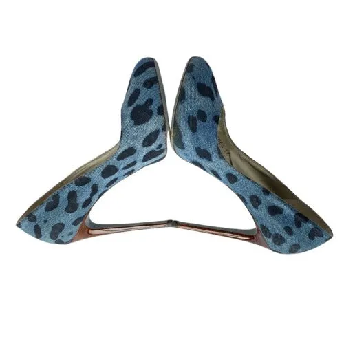 DOLCE & GABBANA Blue/Black Leopard Print Denim Wooden Heels Pumps, Size 38