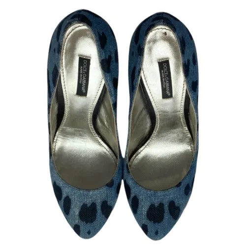 DOLCE & GABBANA Blue/Black Leopard Print Denim Wooden Heels Pumps, Size 38