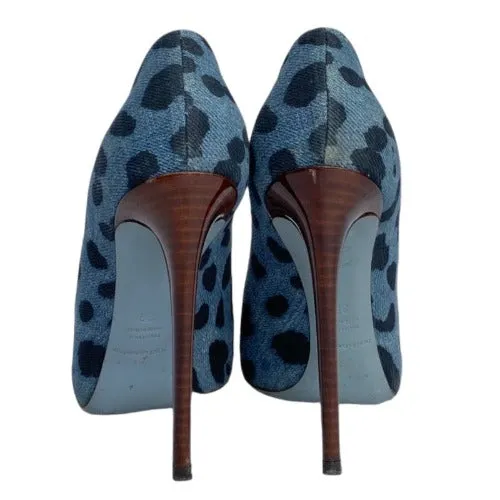 DOLCE & GABBANA Blue/Black Leopard Print Denim Wooden Heels Pumps, Size 38