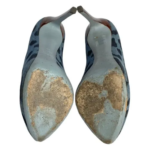 DOLCE & GABBANA Blue/Black Leopard Print Denim Wooden Heels Pumps, Size 38