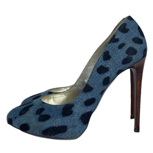DOLCE & GABBANA Blue/Black Leopard Print Denim Wooden Heels Pumps, Size 38