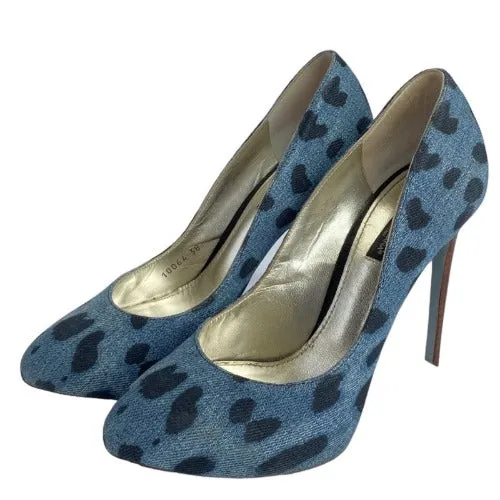 DOLCE & GABBANA Blue/Black Leopard Print Denim Wooden Heels Pumps, Size 38