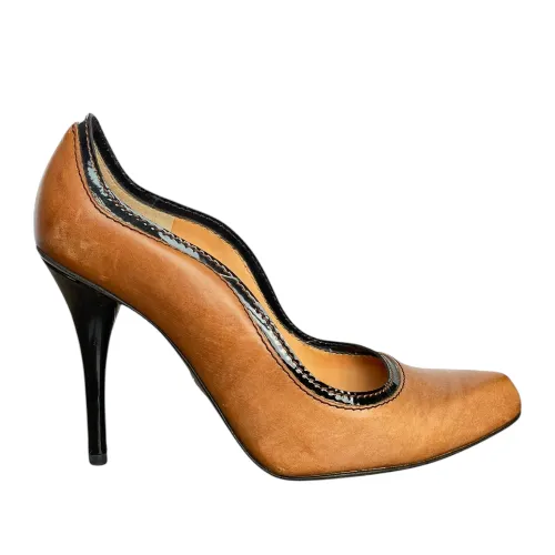 DOLCE & GABBANA Camel Brown Leather Black Patent Trim Pumps, Size 36.5