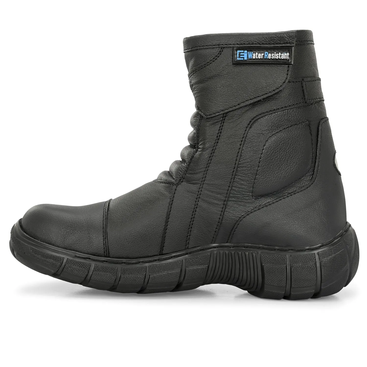 Eego Italy Rider-1, Water Resistant Biker boot/Motorcycle riding boot, real leather upper & anti slip sole with steel toe protection, padded in socks, 3M Reflectors,lace free and walkable with shin and ankle protection