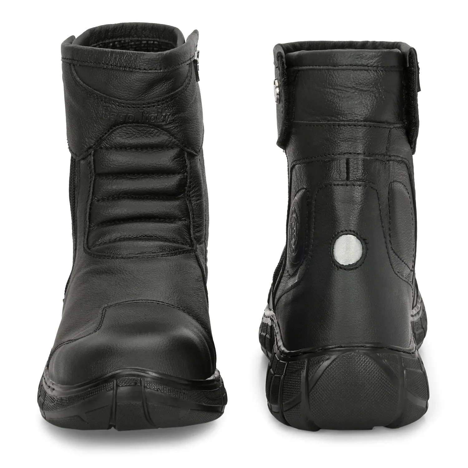 Eego Italy Rider-1, Water Resistant Biker boot/Motorcycle riding boot, real leather upper & anti slip sole with steel toe protection, padded in socks, 3M Reflectors,lace free and walkable with shin and ankle protection