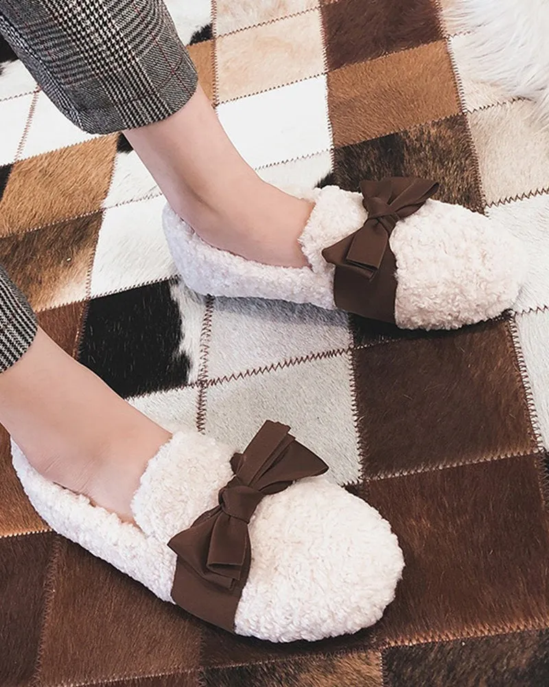 Faux Lamb Wool Comfy Warm Bow Loafers