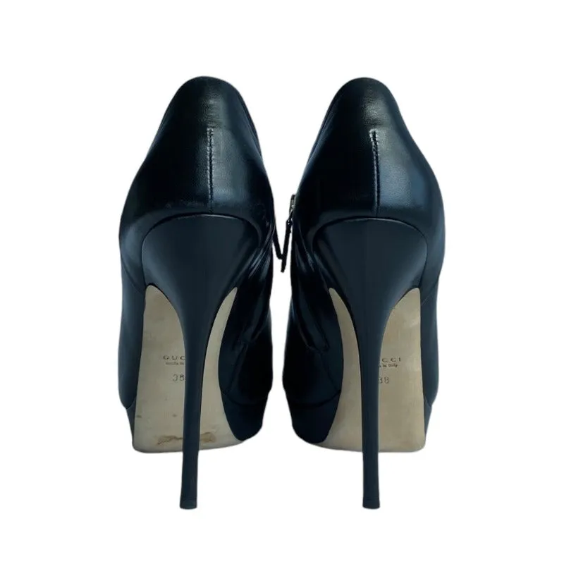 GUCCI Black Leather Peep-Toe Stiletto Heels Platform Ankle Booties, Size 38