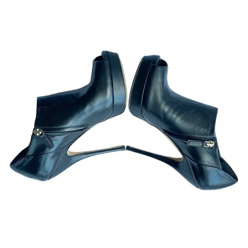 GUCCI Black Leather Peep-Toe Stiletto Heels Platform Ankle Booties, Size 38