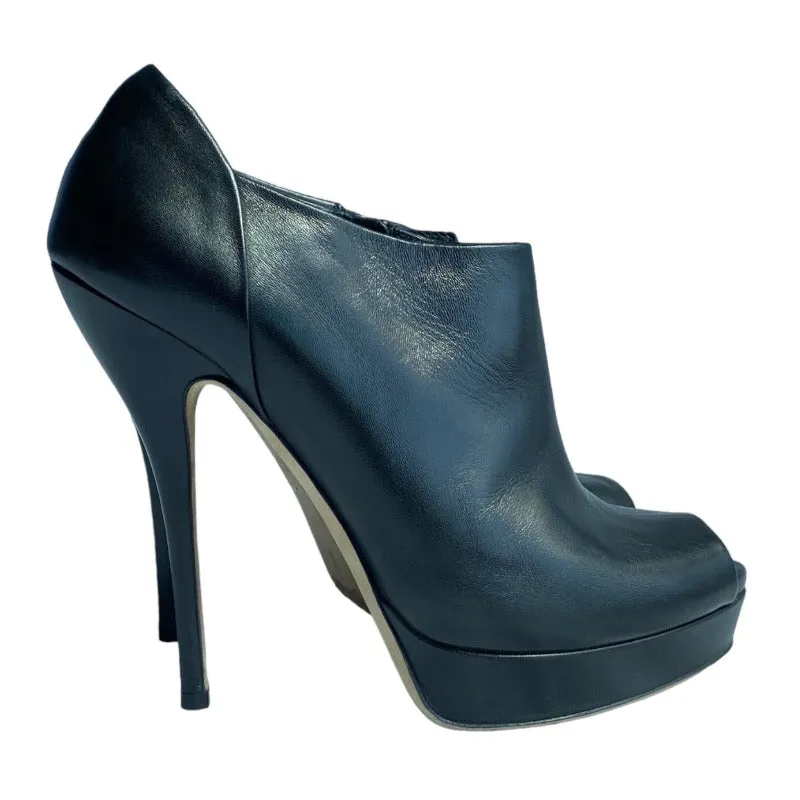 GUCCI Black Leather Peep-Toe Stiletto Heels Platform Ankle Booties, Size 38