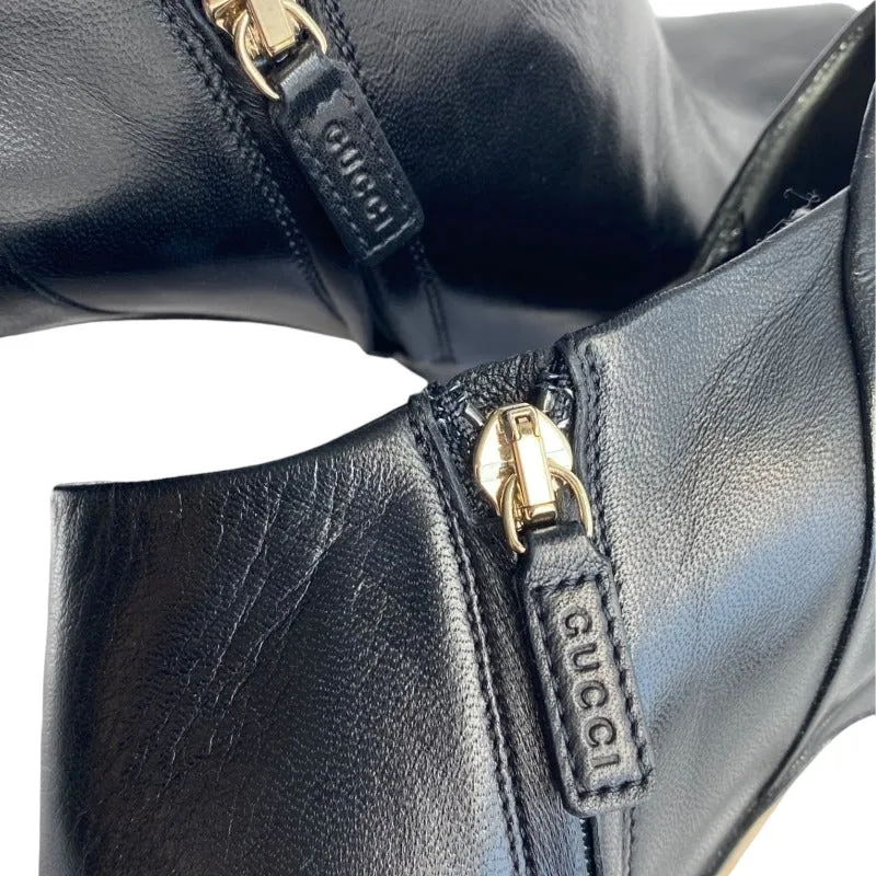 GUCCI Black Leather Peep-Toe Stiletto Heels Platform Ankle Booties, Size 38