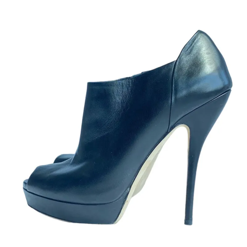 GUCCI Black Leather Peep-Toe Stiletto Heels Platform Ankle Booties, Size 38