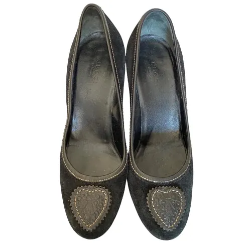 GUCCI Black Suede, Leather Heart Platform Pumps, Size 37.5