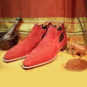 Handmade Men Red Suede Boot, Dress Leather Boot For , Ankle High Chelsea