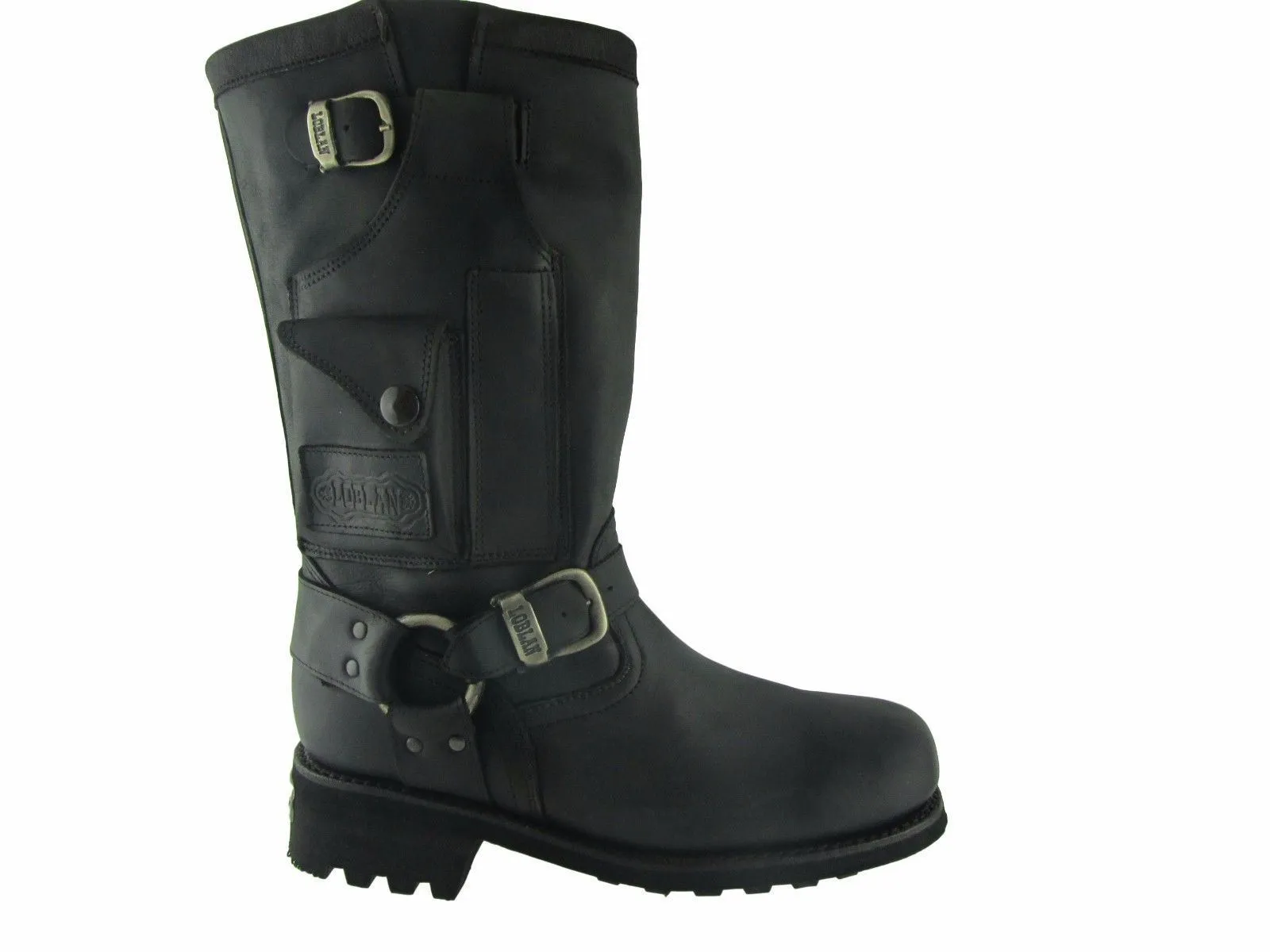 Loblan 618 Black Waxy Leather Men'S Biker Boots Classic Round Toe Handmade Bike