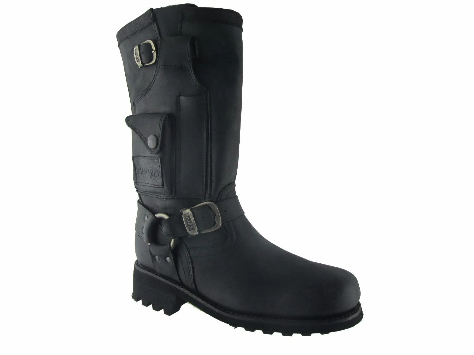 Loblan 618 Black Waxy Leather Men'S Biker Boots Classic Round Toe Handmade Bike