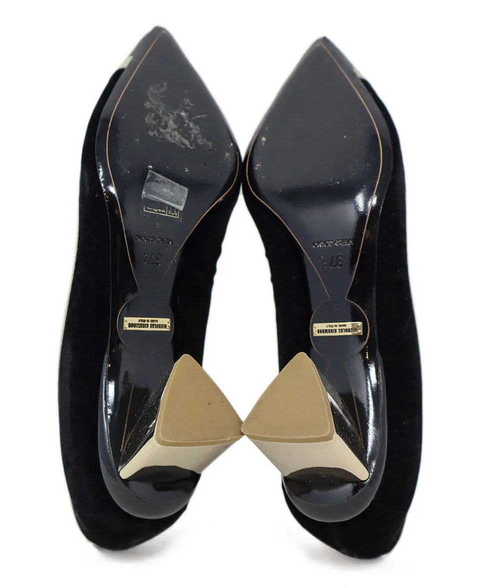 Nicholas Kirkwood Black Velvet & Gold Trim Heels sz 7.5