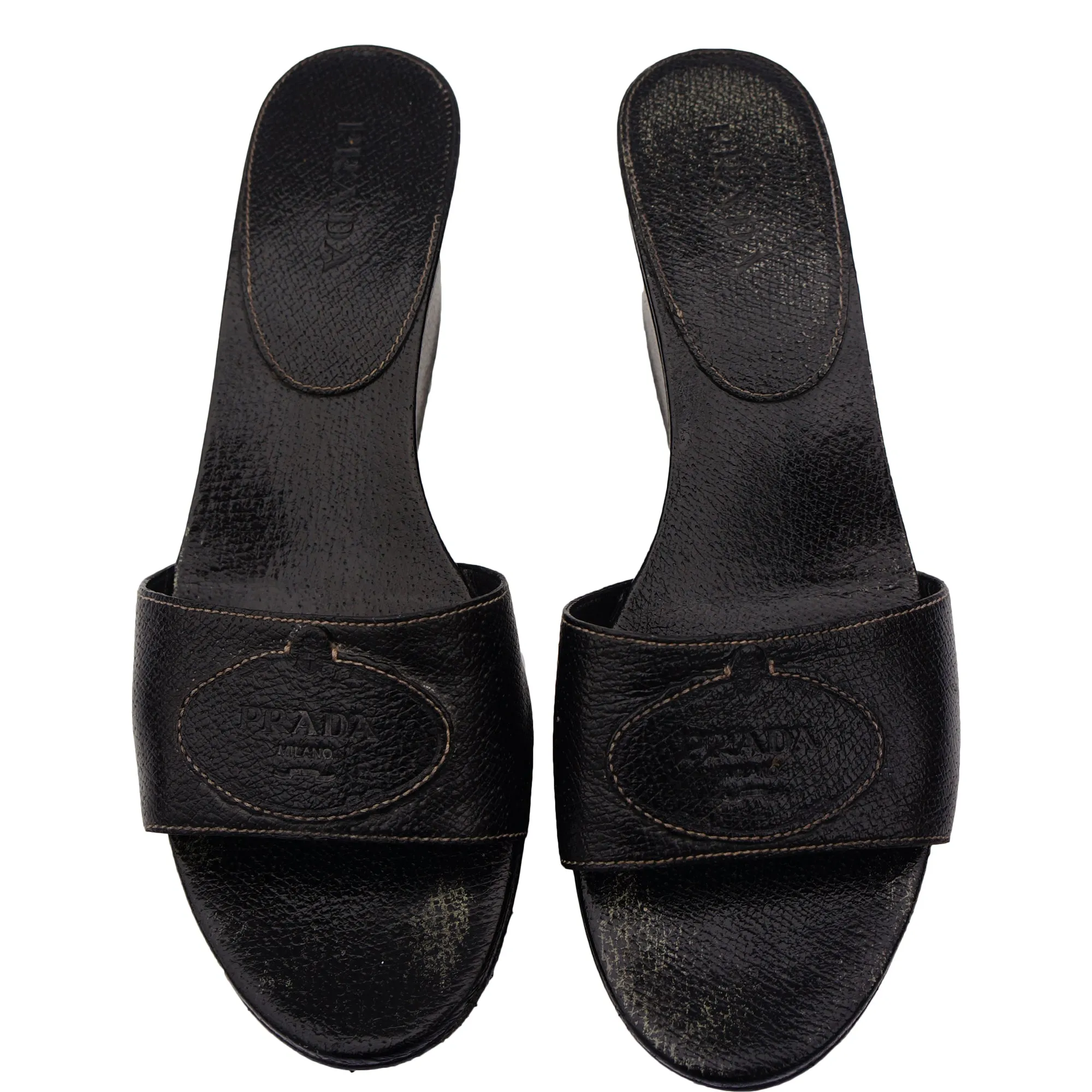 PRADA BLACK LEATHER PLATFORM WEDGE SANDAL