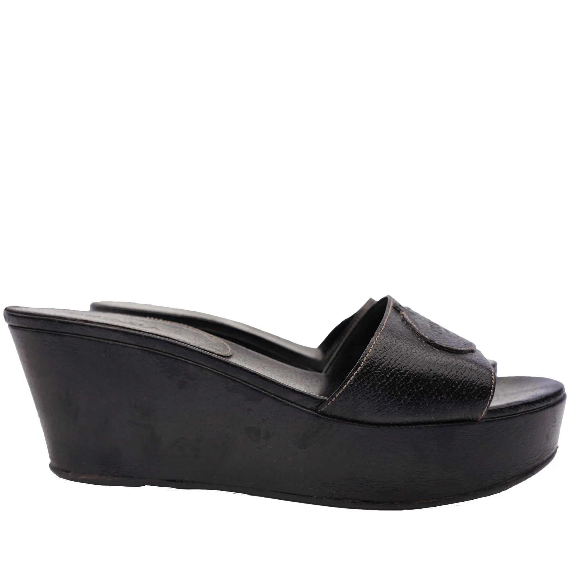 PRADA BLACK LEATHER PLATFORM WEDGE SANDAL