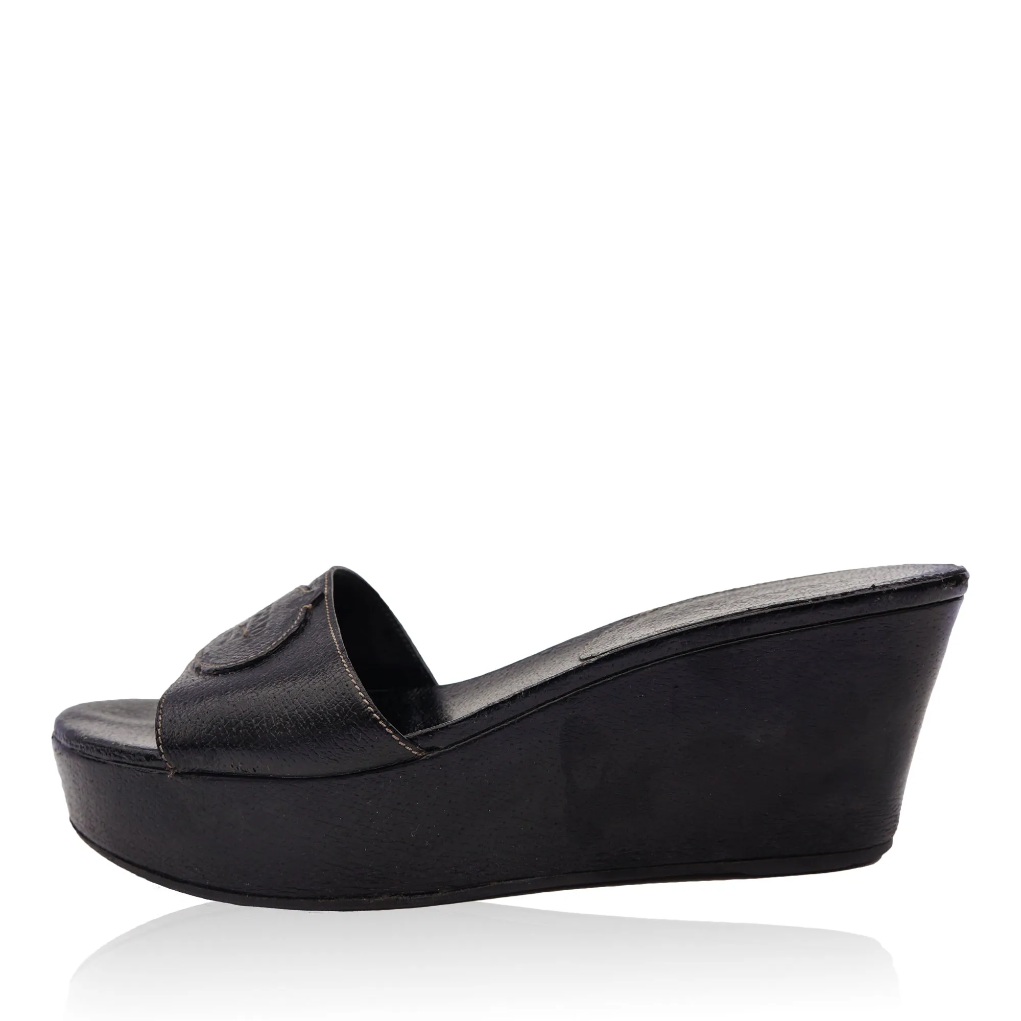 PRADA BLACK LEATHER PLATFORM WEDGE SANDAL