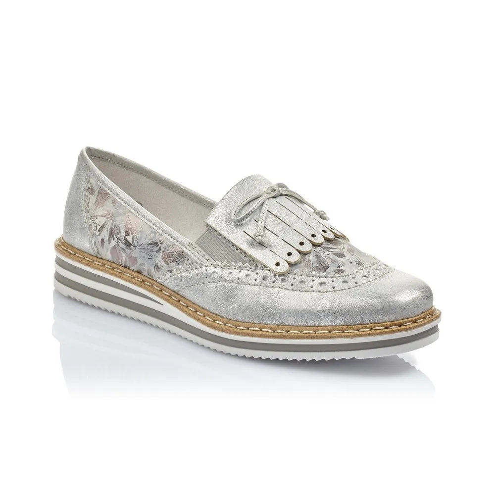 Rieker Ladies Slip On Grey Fringe Loafer Shoe