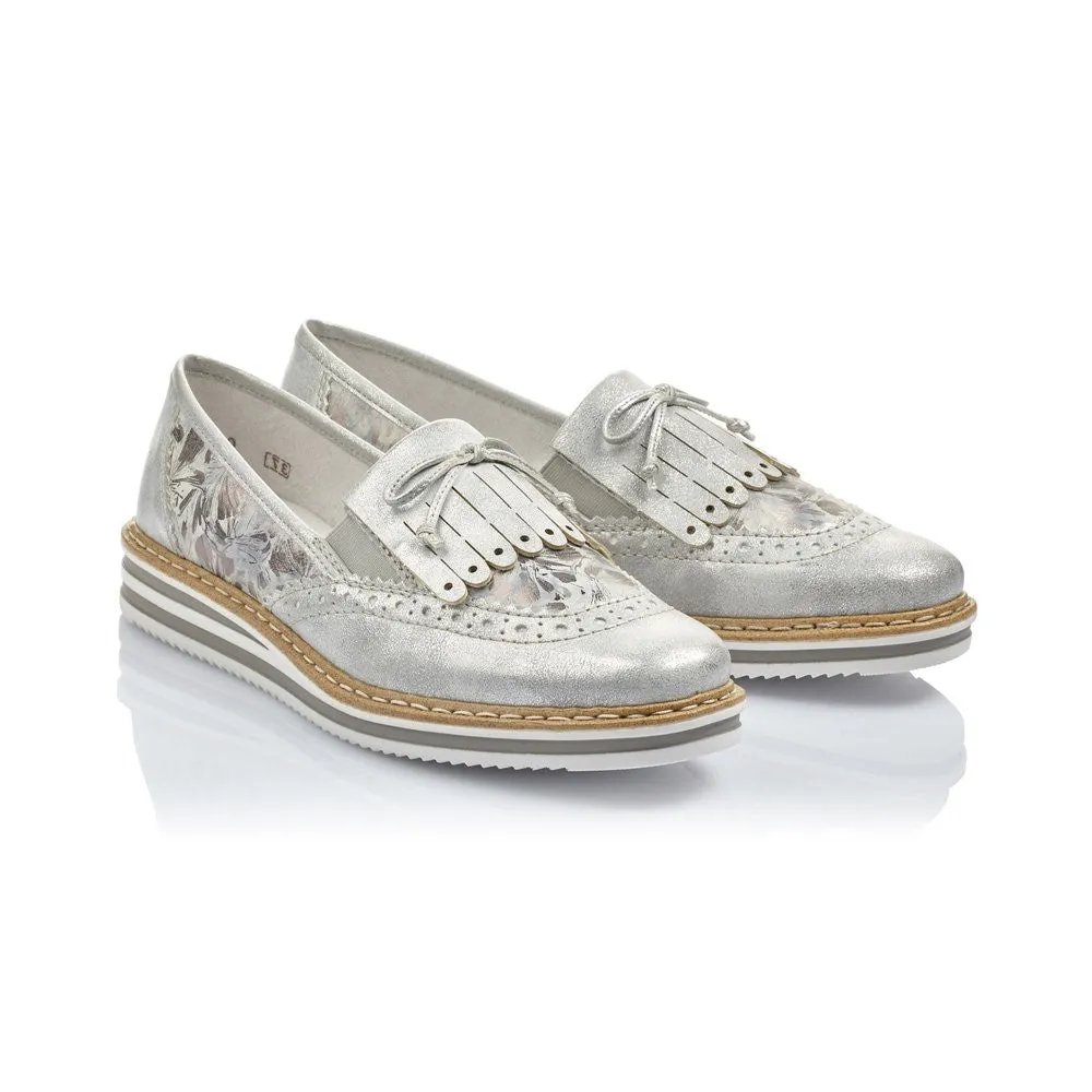 Rieker Ladies Slip On Grey Fringe Loafer Shoe