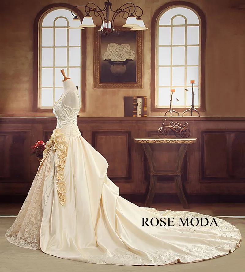 Rosemoda Champagne Beaded Embroidery Lace Satin Ball Gown Wedding Dress With Cathedral Train