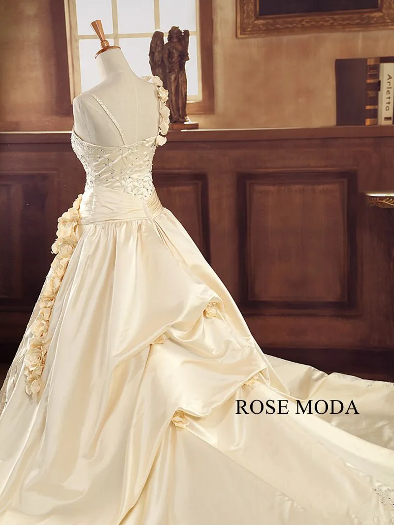 Rosemoda Champagne Beaded Embroidery Lace Satin Ball Gown Wedding Dress With Cathedral Train