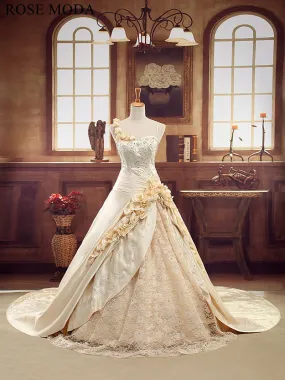 Rosemoda Champagne Beaded Embroidery Lace Satin Ball Gown Wedding Dress With Cathedral Train