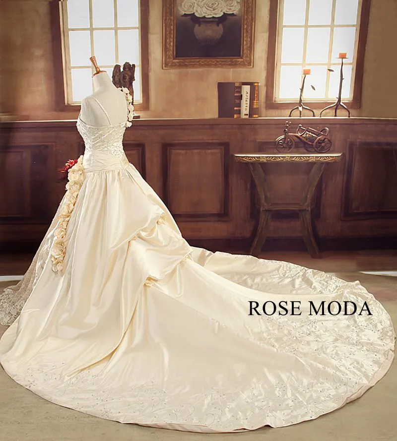 Rosemoda Champagne Beaded Embroidery Lace Satin Ball Gown Wedding Dress With Cathedral Train