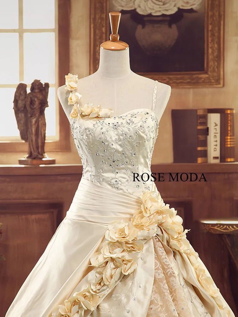 Rosemoda Champagne Beaded Embroidery Lace Satin Ball Gown Wedding Dress With Cathedral Train