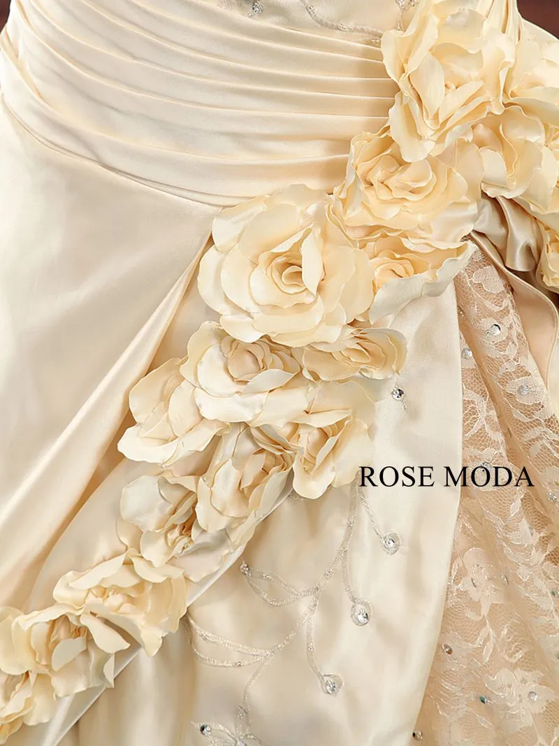 Rosemoda Champagne Beaded Embroidery Lace Satin Ball Gown Wedding Dress With Cathedral Train