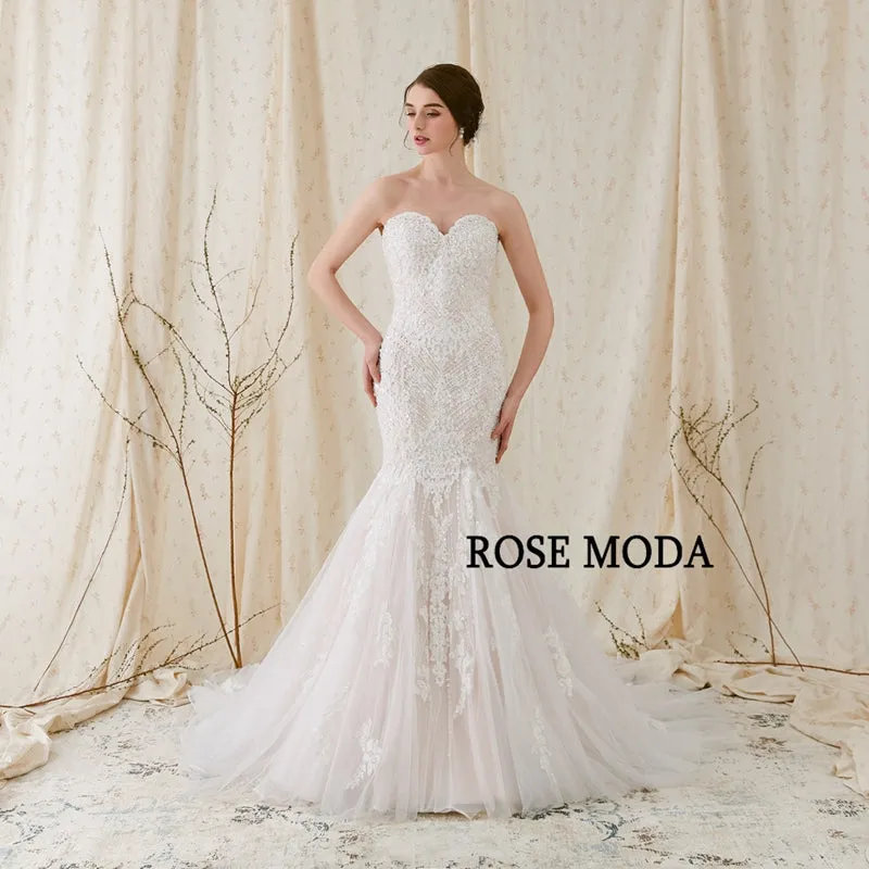 Rosemoda Chantilly Lace Fit and Flare Mermaid Wedding Dress With Delicate Beading Chapel Train