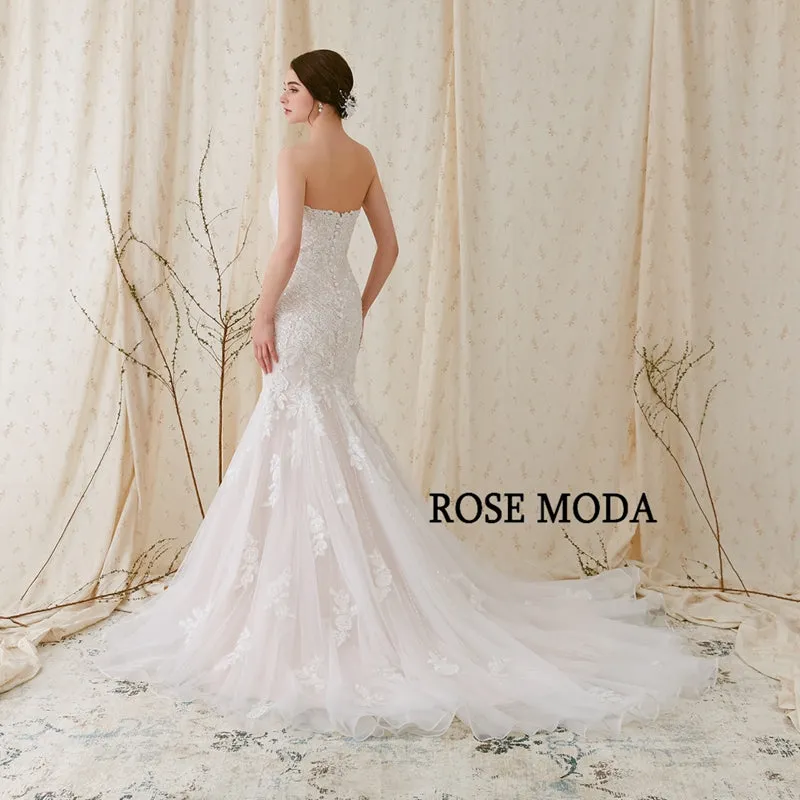 Rosemoda Chantilly Lace Fit and Flare Mermaid Wedding Dress With Delicate Beading Chapel Train