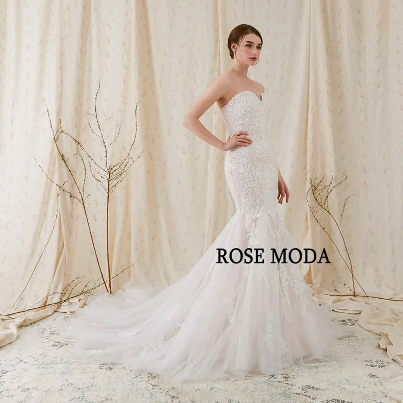 Rosemoda Chantilly Lace Fit and Flare Mermaid Wedding Dress With Delicate Beading Chapel Train