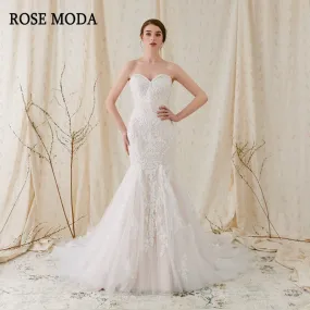 Rosemoda Chantilly Lace Fit and Flare Mermaid Wedding Dress With Delicate Beading Chapel Train