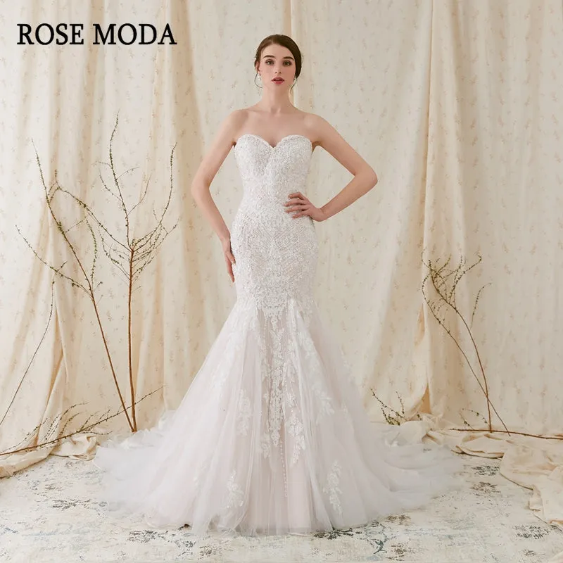 Rosemoda Chantilly Lace Fit and Flare Mermaid Wedding Dress With Delicate Beading Chapel Train