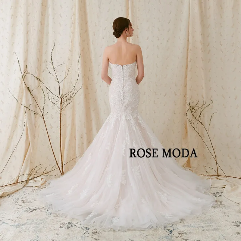 Rosemoda Chantilly Lace Fit and Flare Mermaid Wedding Dress With Delicate Beading Chapel Train