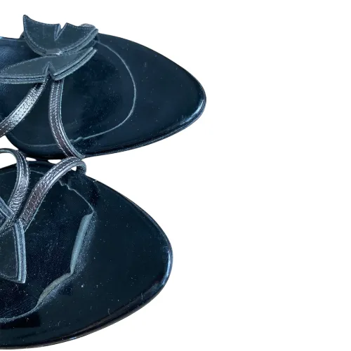 SERGIO ROSSI Black Leather Butterfly Applique Open Toe Slide Mules, Size 40