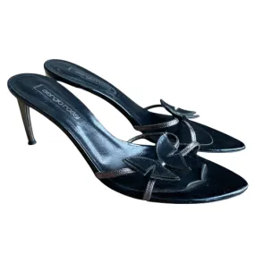 SERGIO ROSSI Black Leather Butterfly Applique Open Toe Slide Mules, Size 40