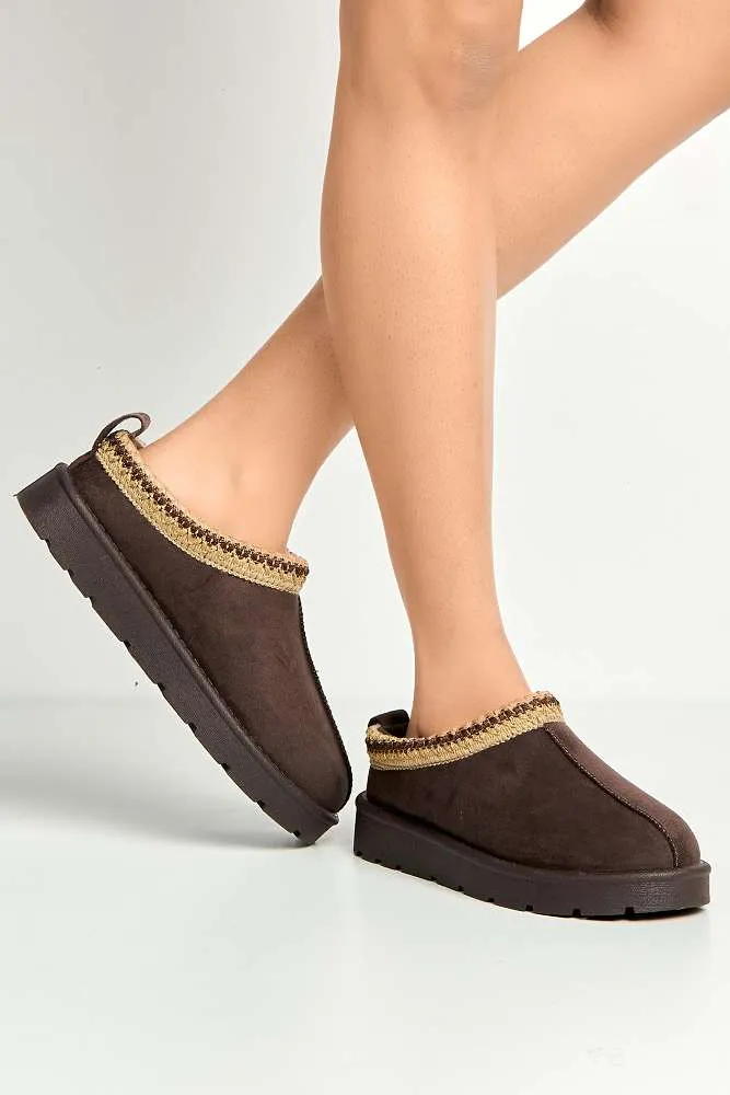Sigrid Embroidered Faux Fur Lining Slippers in Brown