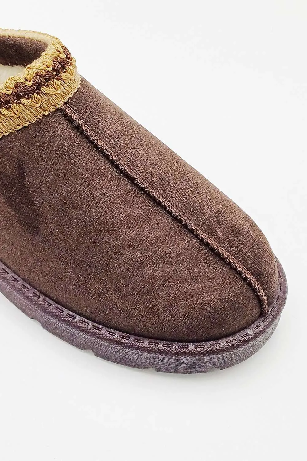 Sigrid Embroidered Faux Fur Lining Slippers in Brown