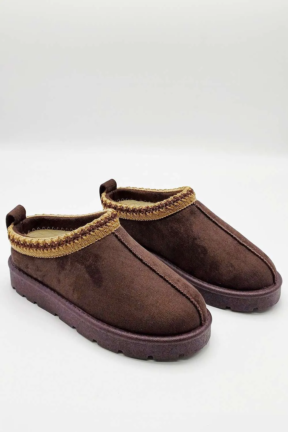 Sigrid Embroidered Faux Fur Lining Slippers in Brown