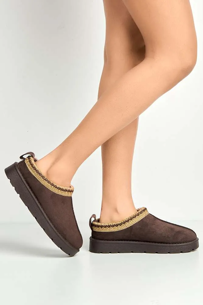 Sigrid Embroidered Faux Fur Lining Slippers in Brown