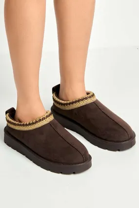 Sigrid Embroidered Faux Fur Lining Slippers in Brown