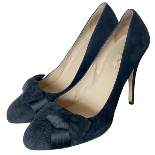 VALENTINO Black Suede Satin Bow Detail Pumps, Size 39